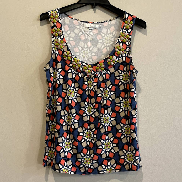 Boden All Over Geometric Print Tank Top Flower Beaded Neckline Collar - US 10 - Picture 1 of 8